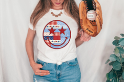 Fourth of July inspired PNG with a round smiley face, red star eyes, and mixed patriotic fabric-style patterns.
