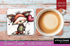 Fox Valentine Square Coaster Whimsical Animal Coaster PNG Product Image 1
