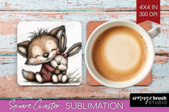 Fox and Bunny Valentine Square Coaster Whimsical Animal PNG Product Image 1