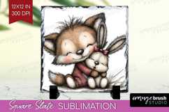 Fox and Bunny Valentine Slate PNG Whimsical Animal Square Product Image 1