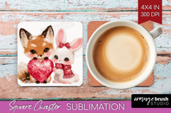 Fox and bunny Valentine Square Coaster Cute Valentines Day Product Image 1