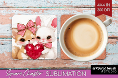 Fox and Bunny Valentine Square Coaster Cute Valentines Day Product Image 1