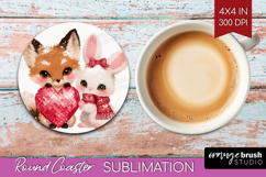 Fox and bunny Valentine Round Coaster Cute Valentines Day Product Image 1