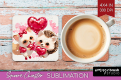 Fox and Hedgehog Valentine Square Coaster Cute Valentines Product Image 1