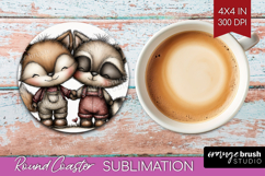 Fox and Raccoon Valentine Round Coaster Whimsical Animal PNG Product Image 1