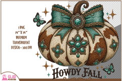 Howdy Fall Western faux embroidery Pumpkin png, Cowhide Fall Product Image 1
