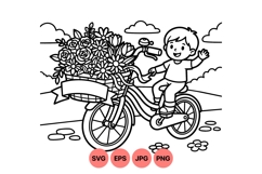 Cute Child Riding Bicycle With Flower Basket Illustration Product Image 1
