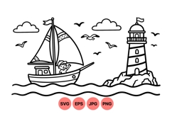 Hand Drawn Sailing Boat And Lighthouse Clipart Product Image 1