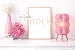pink frame mockup, feminine interior, blank picture frame, pastel decor, modern home styling, pink aesthetic, desk decor mockup, stylish lamp, minimal wall art