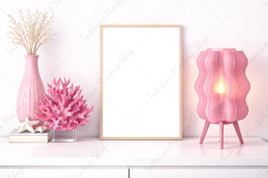 pink frame mockup, feminine interior, blank picture frame, pastel decor, modern home styling, pink aesthetic, desk decor mockup, stylish lamp, minimal wall art