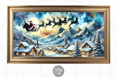 Christmas Frame TV art shows Santa flying over a snow-covered mountain town with reindeers and a sleigh