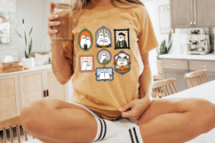 Retro Halloween ghost PNG with seven family photographs arranged in an offset gallery layout. Soft purple, green, orange, coral and blue frames give the clean cartoon design a cozy vintage feel.