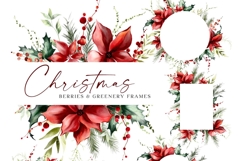 CHRISTMAS FLORAL CLIPART WATERCOLOR BERRIES flowers red greenery leaves holly frames 6 png