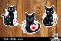 Black cat flowers Stickers Printable PNG. Product Image 1