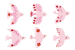 Pink Bird Clipart Hand-Drawn Flying Doves, Folk Product Image 1