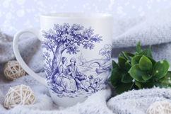 Romantic couple line art vector design inspired by classic French Toile De Jouy pastoral countryside engraving style.