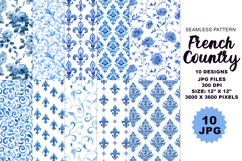 French Country Floral Blue Seamless Pattern, Watercolor JPG Product Image 1