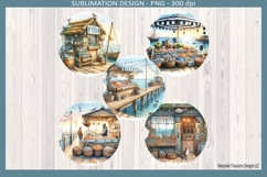 Rustic fisherman market scene on pier with baskets of seafood, lantern lights, and ocean harbor coastal sublimation design