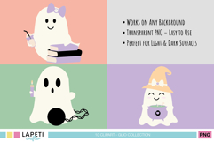 Friendly ghost character holding books and a drink