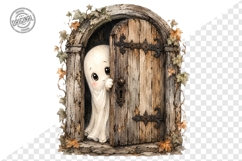 Friendly Ghost Peeking Through Rustic Door Clipart PNG Product Image 1
