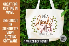 Friendsgiving 2022 with wreath Thankful For You SVG shown on a canvas tote bag as a project idea.  Great for cutting in vinyl using cricut or silhouette machines