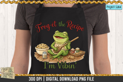 Cute frog sitting with cookie dough, cupcakes, and baking tools in a funny sublimation design.