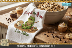 Cute frog sitting with cookie dough, cupcakes, and baking tools in a funny sublimation design.