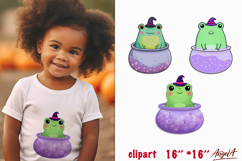 Cute frog in witch pot with hat Halloween clipart PNG Product Image 1