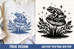 Witchy cottagecore frog on toadstool mushroom SVG with sparkling stars, mystical leaves, and forest magic vibes, perfect for Halloween shirts, fairy tale apparel, cottagecore crafts, tumblers, tote bags, Cricut/Silhouette witchy projects