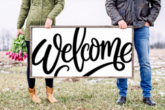 Decorative welcome word art in bold handwritten script, designed for Cricut, Silhouette, or laser cutting. Smooth solid lines with no texture, ideal for vinyl decals, wood signs, or home decor projects.