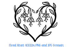 Fuchsia Floral Heart Wreath Flower Graphic Clipart PNG Illustration Outline