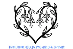 Fuchsia Floral Heart Wreath Flower Graphic Clipart PNG Illustration Outline