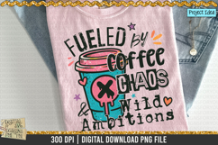 Fueled by coffee is a professional design that is available at 300dpi PNG to use for Sublimation, iron-on transfer, DTG Printing and normal printing.