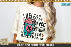 Fueled by coffee is a professional design that is available at 300dpi PNG to use for Sublimation, iron-on transfer, DTG Printing and normal printing.