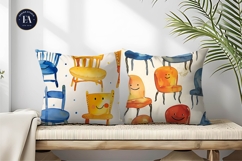 Fun Dancing Chairs with Faces Watercolor Art Digital Paper Product Image 2