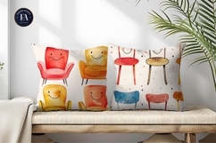 Fun Dancing Chairs with Faces Watercolor Art Digital Paper Product Image 2