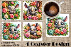 Funny africa animal Coaster Sublimation |Rhinoceros in roses Product Image 1