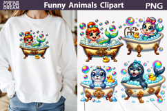 Green Mermaid &amp; Blue Seal Clipart | Golden Bubble Bath Print Product Image 1