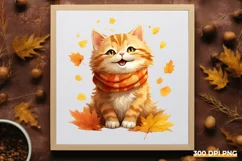 Funny Cat with Leaves PNG Clipart | Autumn Fall Sublimation Product Image 1