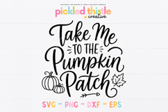 Seasonal digital craft file combining a fall saying with two outlined pumpkins, a hand-drawn leaf and a curved arrow beneath the lettering.