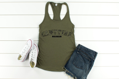 Funny camping graphic with camouflage varsity lettering that says “Campfire” and a small black label reading “Drunk.” Rustic outdoor themed design perfect for camping trip shirts and lake weekend apparel.