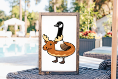 Funny Canadian-themed PNG artwork featuring a goose riding in a moose float ring, ideal for stickers and crafts.