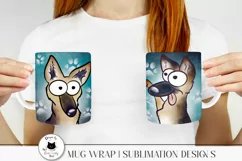woman holding 2 mugs with german shepherd illustration