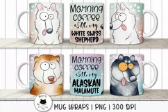 white shepherd and malamute wraps shown on mugs