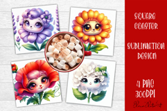 Funny Face Flowers Square Coaster | Summer Sublimation PNG Product Image 1
