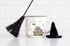 Ghost and gravestone sublimation design featuring whimsical Halloween elements, purple flowers, and a funny relatable quote.