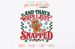 A funny holiday SVG combining oversized decorative lettering, distressed texture, blue snowflakes, and a gingerbread man with white icing details and red candy buttons.