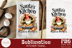 Funny Christmas kitchen towel sublimation PNG featuring a gnome design for festive home decor and holiday crafting projects.