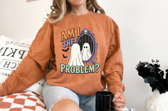 Retro Halloween PNG featuring a white ghost examining its reflection in a decorative purple mirror with skull accents and playful sarcastic text.