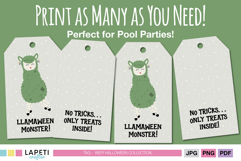 Two Halloween llama tags with the text “Llamawween Monster” and “No Tricks Only Treats Inside.”